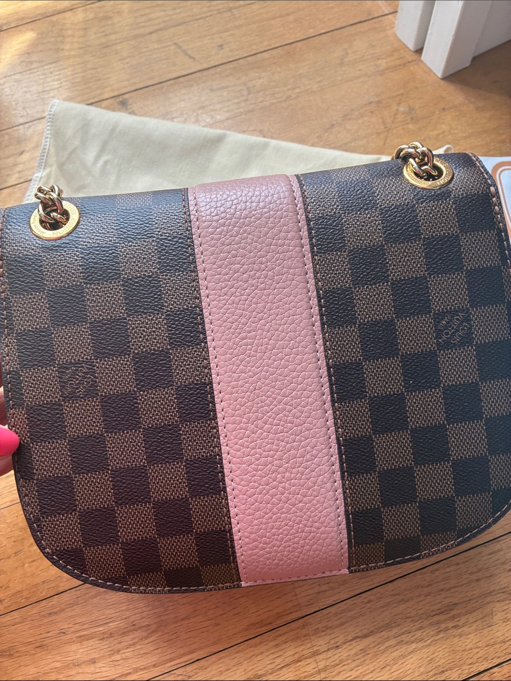 Louis Vuitton Brown Damier Ebene with Pink Center Stripe Chain Crossbody - Picture 10 of 11